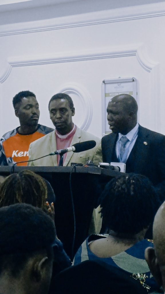 From left; Stephen Giro Waziri, Prophet Paul Mwangi Gatundu and Prof. Eugene Kavune Nzabonimba at Weston hotel,