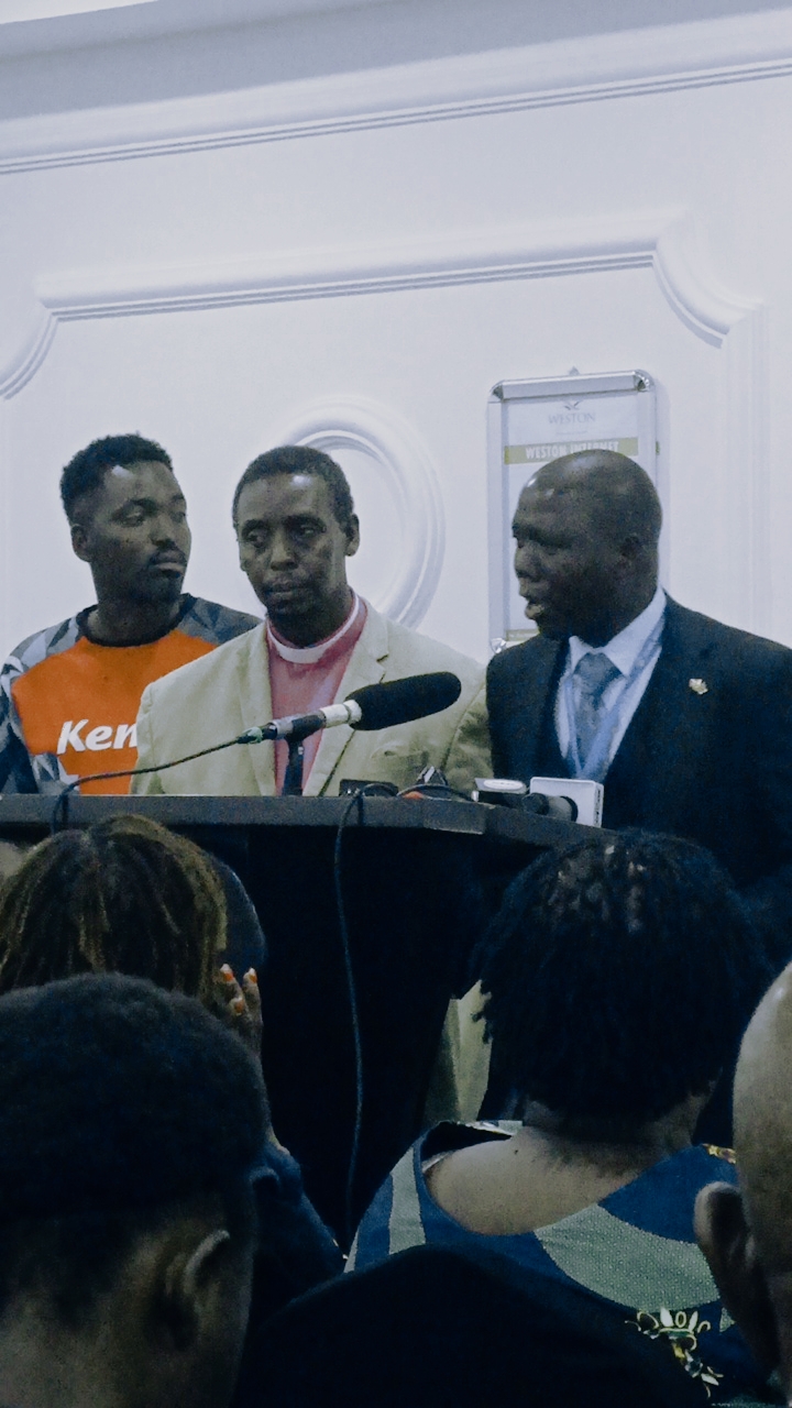 From left; Stephen Giro Waziri, Prophet Paul Mwangi Gatundu and Prof. Eugene Kavune Nzabonimba at Weston hotel,