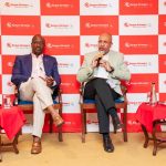KQ chairman Kiprono Kittony and acting CEO George Kamal at the Aviation Media Lab in Mombasa