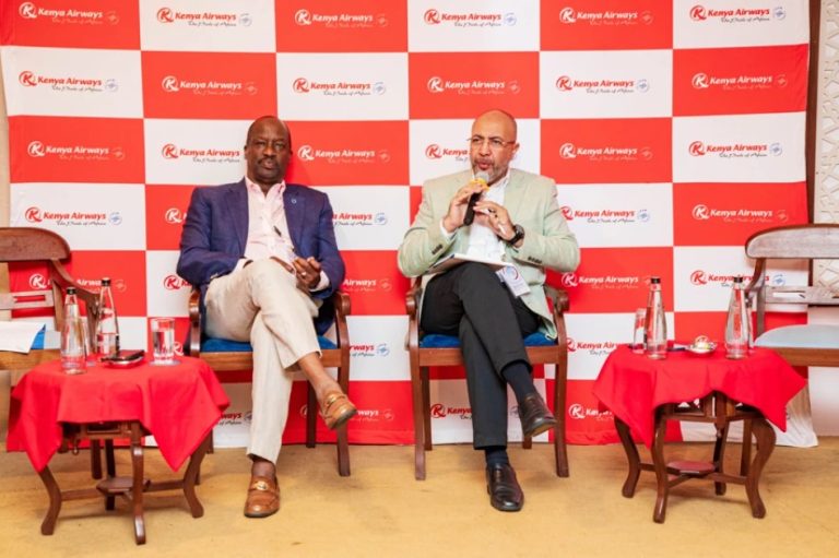 KQ chairman Kiprono Kittony and acting CEO George Kamal at the Aviation Media Lab in Mombasa