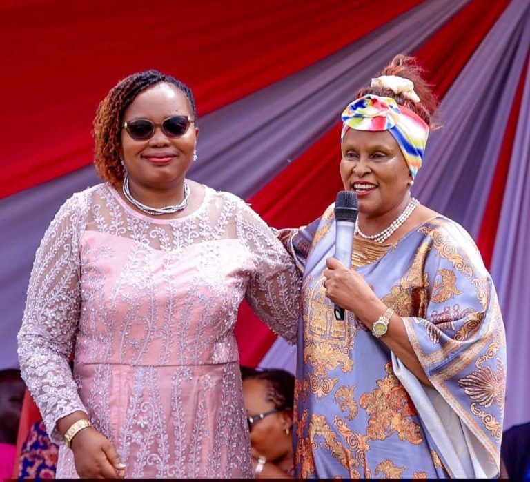 Nyeri Woman Rep. Rahab Mukami (left) with Dr Margaret Karungaru, a Commissioner with NGEC during yesterday's event at Kiamuiru.