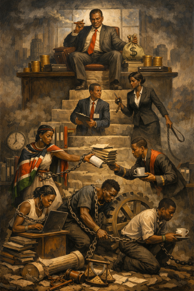Symbolic depiction of workplace hierarchy and exploitation