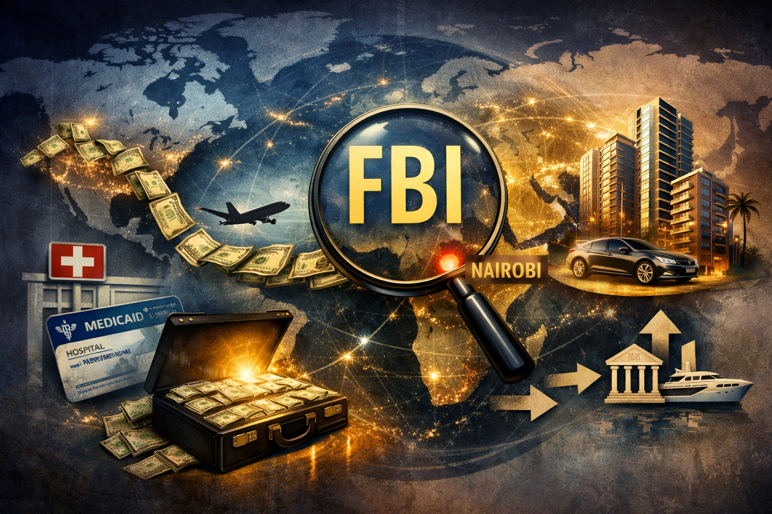 illustration of FBI traces Minnesota Medicaid fraud proceeds to luxury Nairobi apartment