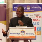 EACC Chairperson, Dr David Oginde, speaking during the launch of the Ethics and Integrity Club at Mount Kenya University in Thika, Kiambu County.
