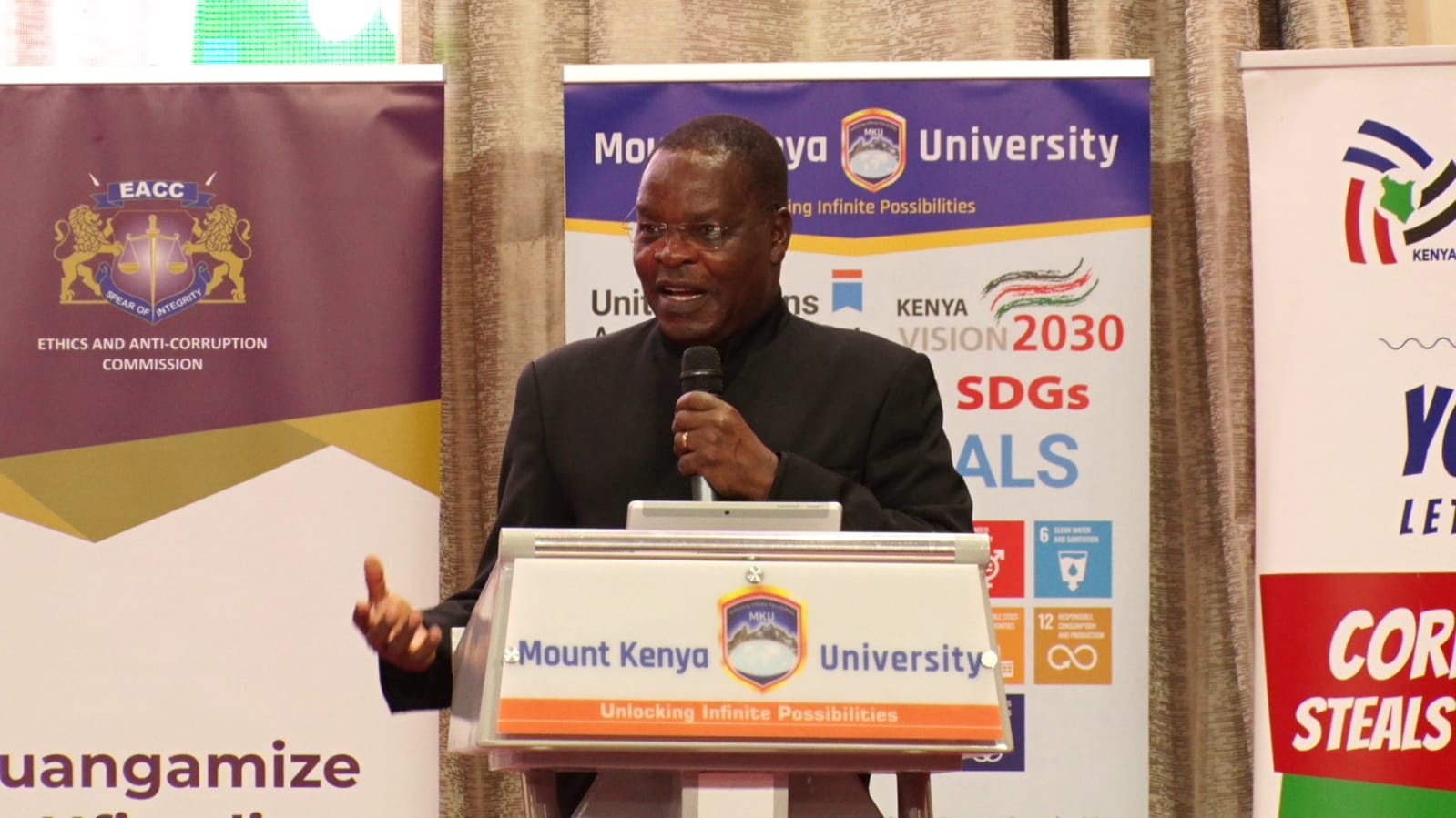 EACC Chairperson, Dr David Oginde, speaking during the launch of the Ethics and Integrity Club at Mount Kenya University in Thika, Kiambu County.