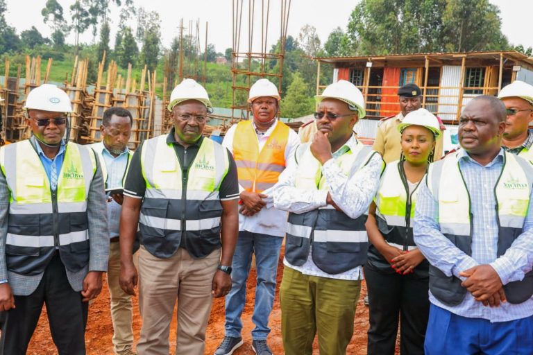 Othaya MP Wambugu Wainaina, Defence PS Patrick Mariru with other officials during the inspection of ongoing construction of Mwai Kibaki Hospital Annex.