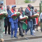 PLP leader Martha Karua with other opposition leaders preparing to lay wreaths yesterday.