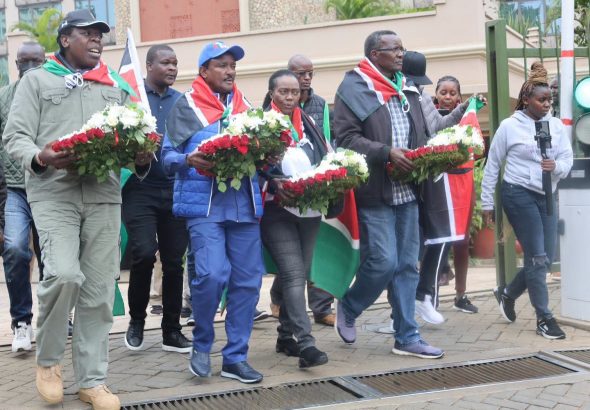 PLP leader Martha Karua with other opposition leaders preparing to lay wreaths yesterday.