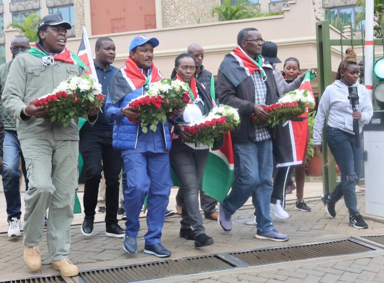 PLP leader Martha Karua with other opposition leaders preparing to lay wreaths yesterday.