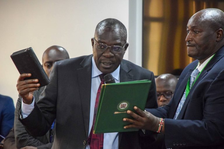 Principal Administrative Secretary in the Executive Office of the President, Mr. Arthur Osiya taking oath before the parliamentary committee yesterday.