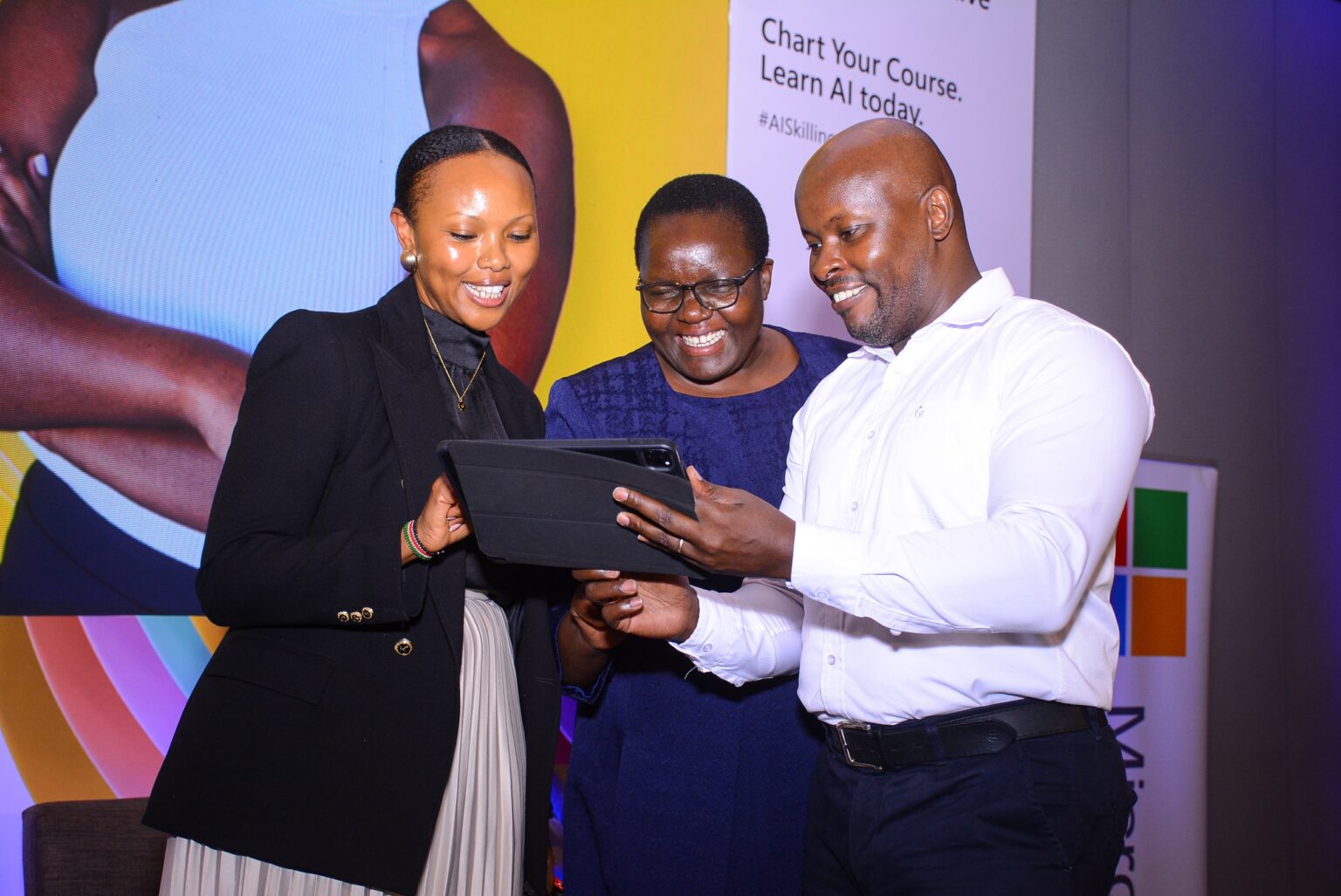 L-R Winnie Karanu, AI National Skills Initiative Director at Microsoft, Constantine Obuya, African Centre for Women, Information and Communication Technology (ACWICT) and Dr. Ehud Gachugu, Ag. Deputy Chief Executive officer and Global Director Youth and Jobs Kenya Private Sector Alliance during the Microsoft AI National Skilling Initiative (AINSI) Launch. This initiative is part of Microsoft’s commitment to democratise AI and empower individuals with the skills needed to thrive in the digital economy, aligned with Kenya’s Vision 2030 and Digital Masterplan [Photo: Handout]