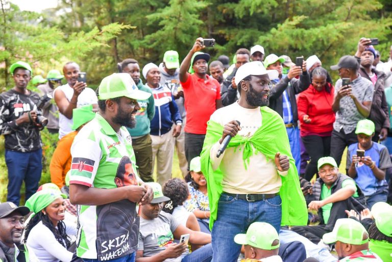 DCP Ol-Kalau candidate Sammy Kamau Waweru and Nyandarua Senator John Methu during the campaign trail over the weekend.