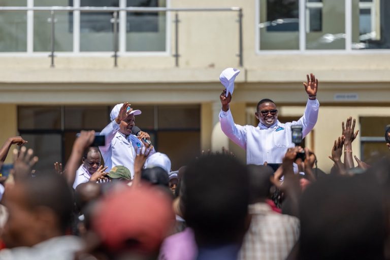Deputy President Kithure Kindiki with Meru governor Isaac Mutuma addressing Meru residents on Saturday.