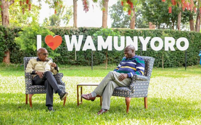Former Deputy President Rigathi Gachagua with Safina Party leader Jimi at his Wamunyoro residence in Nyeri County..
