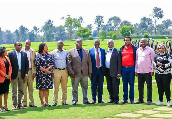 Jubilee deputy party leader Dr Fred Matiang'i with a section of Nyeri county aspirants after yesterday's meeting