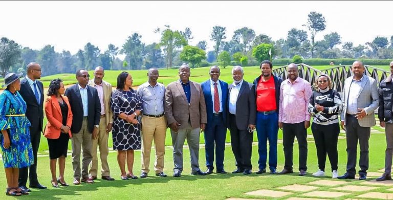 Jubilee deputy party leader Dr Fred Matiang'i with a section of Nyeri county aspirants after yesterday's meeting