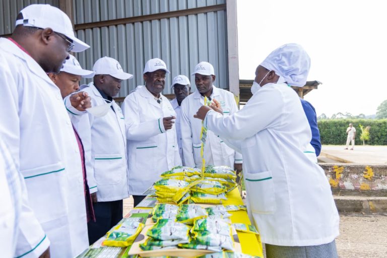 PCS Musalia Mudavadi being taken through some of the products at the tea factory.