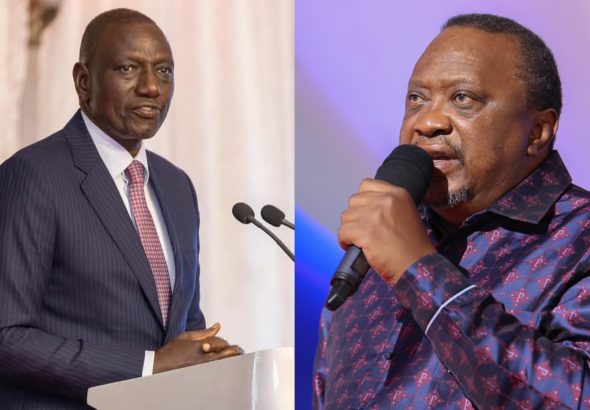 A photo collage of President William Ruto and his predecessor, Uhuru Kenyatta