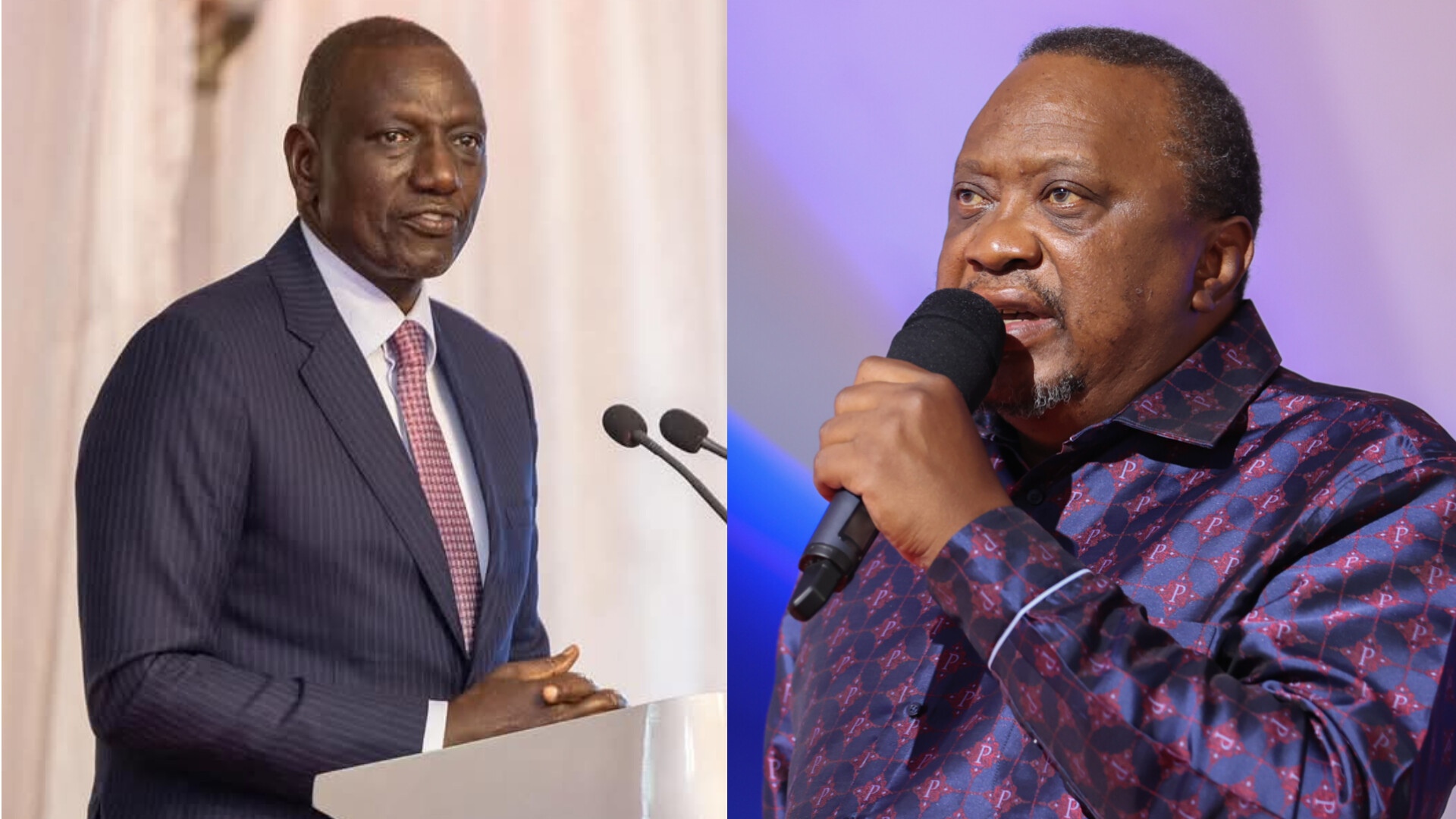 A photo collage of President William Ruto and his predecessor, Uhuru Kenyatta