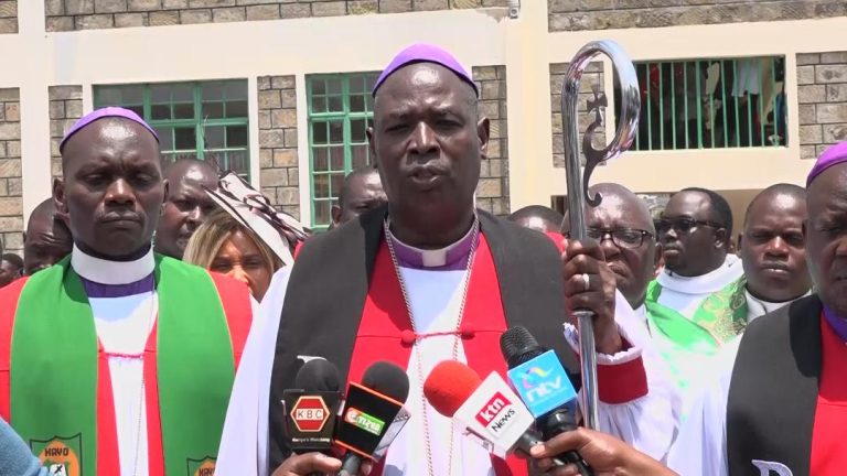 Anglican Church of Kenya (ACK) Archbishop Jackson Ole Sapit addressing the press in Kisii School