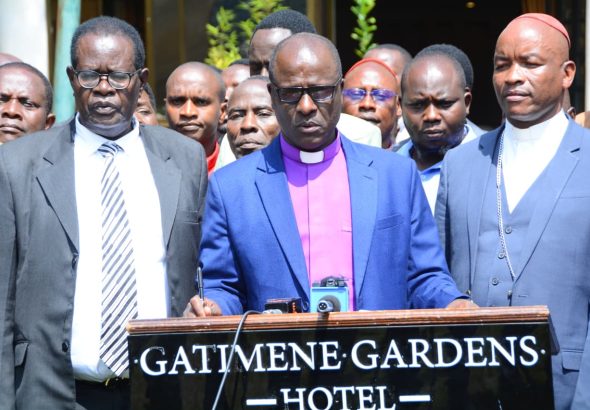 Bishop Imulu, the chairperson of the Meru County clergy addresses the Press.