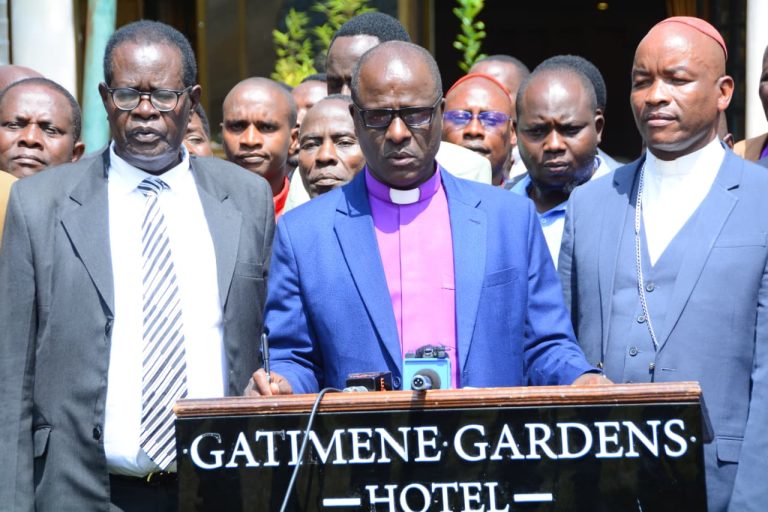 Bishop Imulu, the chairperson of the Meru County clergy addresses the Press.
