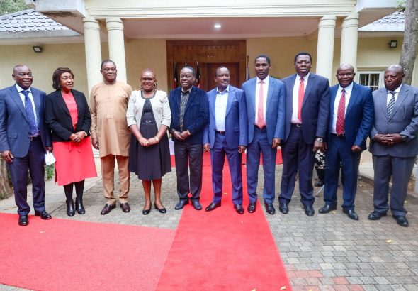 Leaders of the Azimio Coalition pose for a group photo after a meeting chaired by Kalonzo Musyoka at the SKM Command Centre in Nairobi to reorganise and rebrand the coalition.