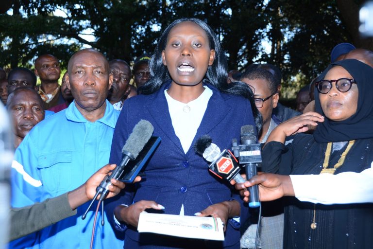 Mau Mau Veterans Associate CLG CEO Cherotich Emma Kasisi adresses the press.