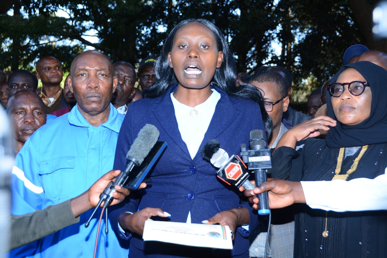 Mau Mau Veterans Associate CLG CEO Cherotich Emma Kasisi adresses the press.