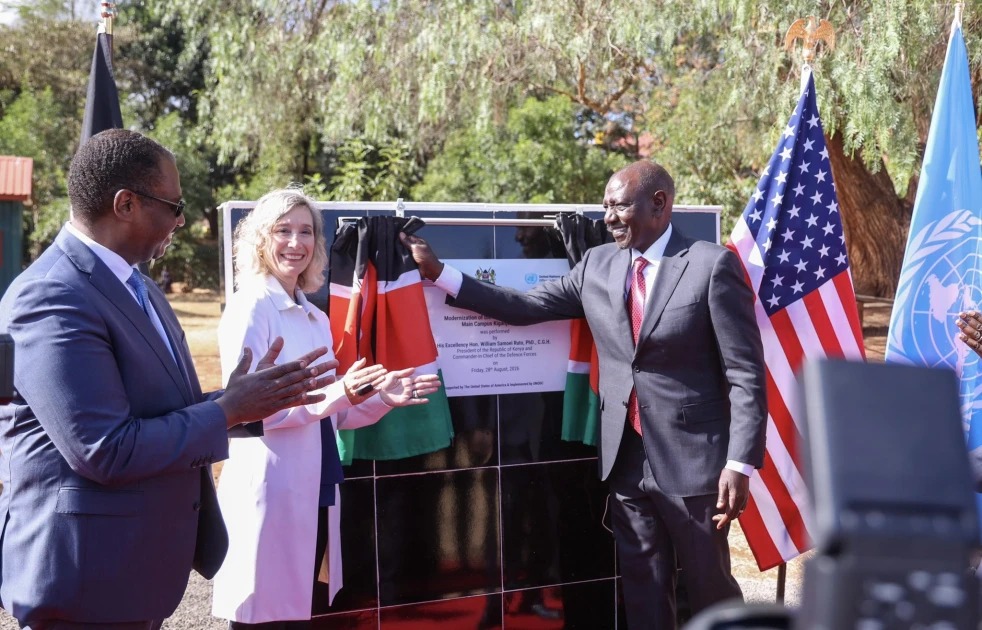President William Ruto wiith the United States Chargé d’Affaires to Kenya, Ms. Susan M. Burns at the Kenya Police Training College in Kiganjo.