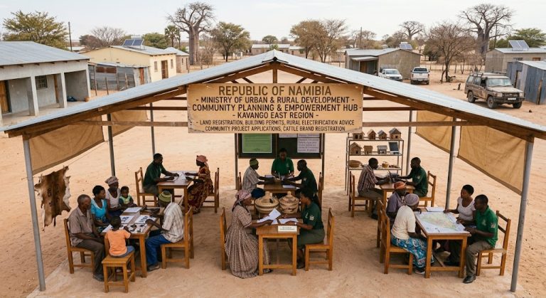 Residents of Kavango East Region gather at a Ministry of Urban & Rural Development planning hub in Namibia
