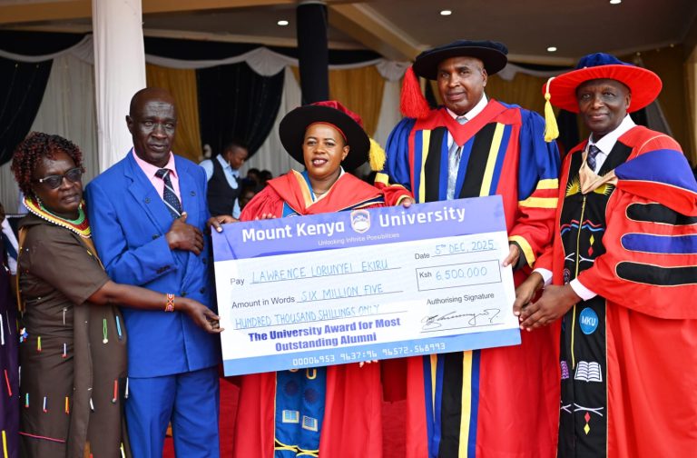 Inaugural Alumni Award winner 2025 with MKU senior officials led by founder Prof. Simon Gicharu.