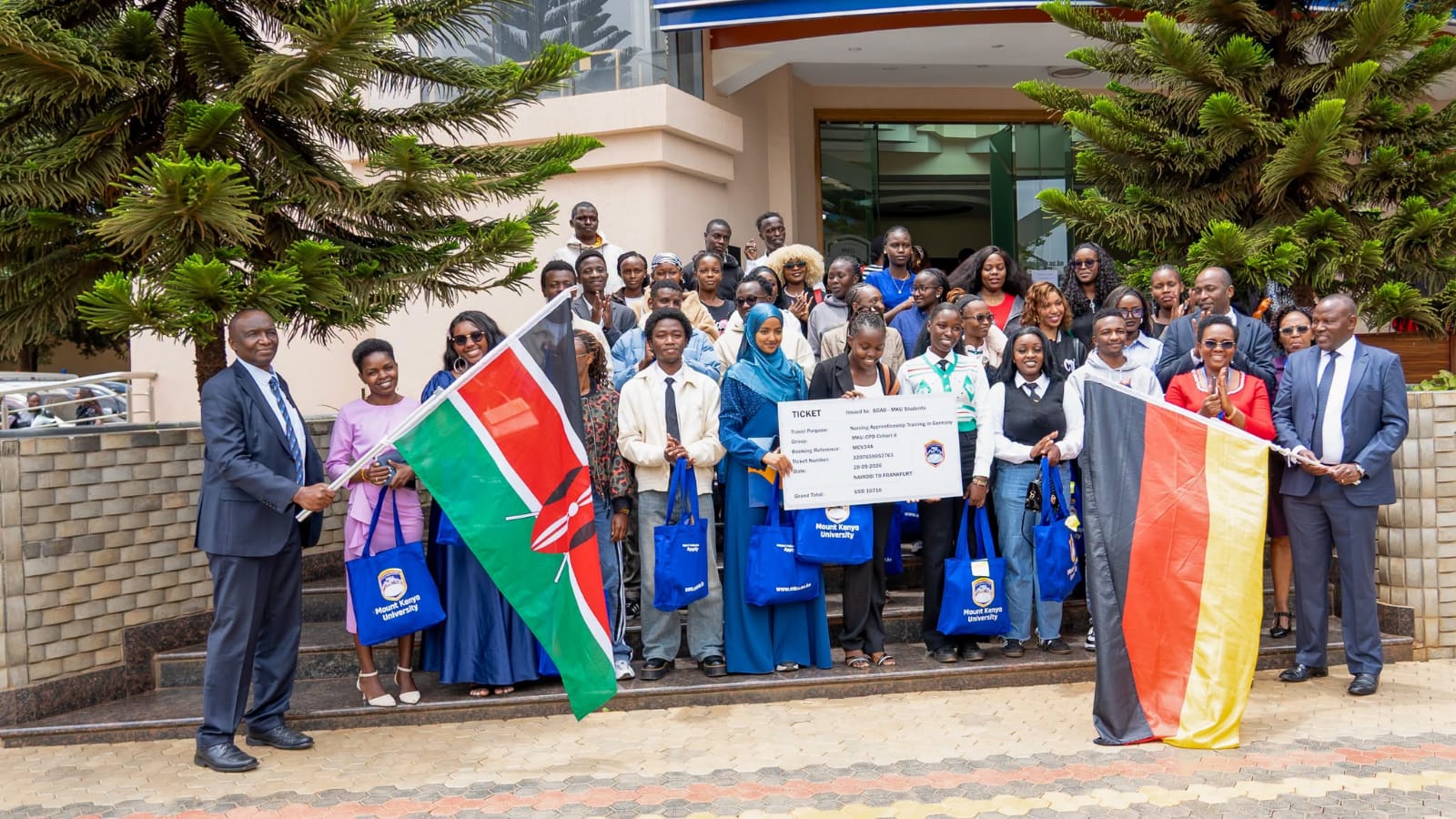 MKU Council chairman, Dr Vincent Gaitho (right) and Vice Chancellor Prof Deogratius Jaganyi (left) flag off 21 nursing apprentices