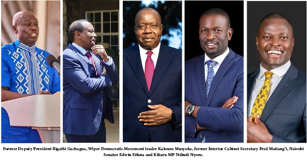 Rigathi Gachagua, Kalonzo Musyoka, Fred Matiang'i, Edwin Sifuna and Ndindi Nyoro.