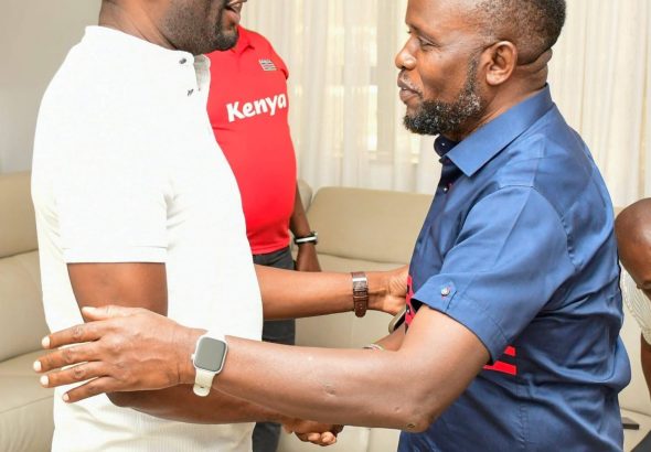 Trans Nzoia Governor George Natembeya greets Nairobi Senator Edwin Sifuna