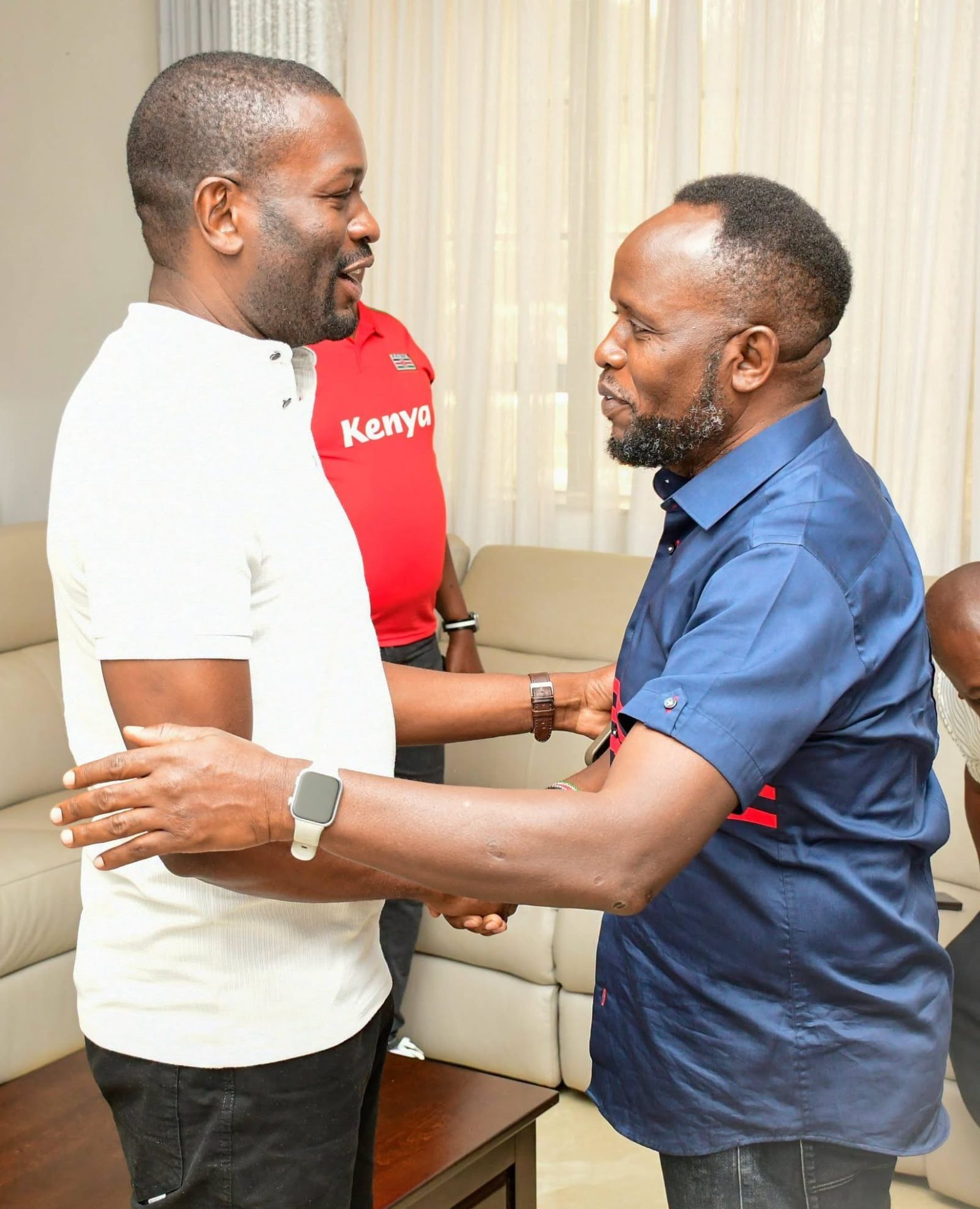 Trans Nzoia Governor George Natembeya greets Nairobi Senator Edwin Sifuna