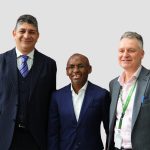 Vodacom Group Chief Executive Officer Shameel Joosub, Safaricom Group CEO Peter Ndegwa and Safaricom Ethiopia CEO Wim Vanhelleputte