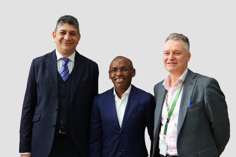 Vodacom Group Chief Executive Officer Shameel Joosub, Safaricom Group CEO Peter Ndegwa and Safaricom Ethiopia CEO Wim Vanhelleputte