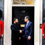 British Prime Minister Andy Burnham welcomes Ukraine's President Volodymyr Zelenskyy at 10 Downing Street in London on Wednesday.