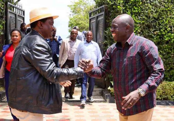 Former Deputy President Rigathi Gachagua welcomes Wiper Patriotic Front leader Kalonzo Musyoka for a holding high-level consultations at his Wamunyoro residence
