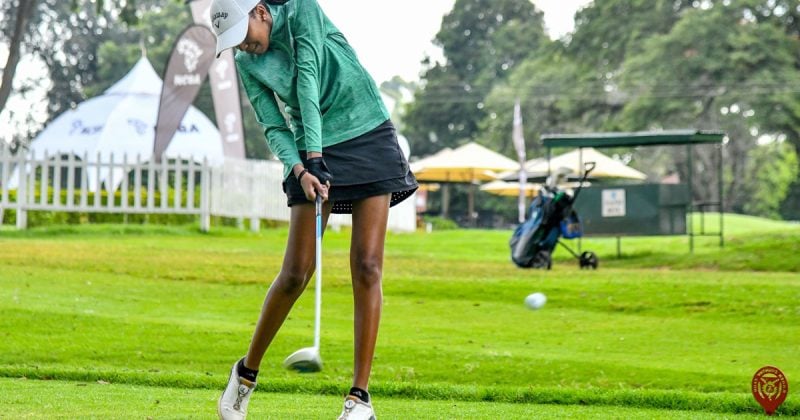 Junior Golfer Wanjiku Mathu plays a tee shot during 2025 NCBA Golf Series qualying leg at Karen Country Club