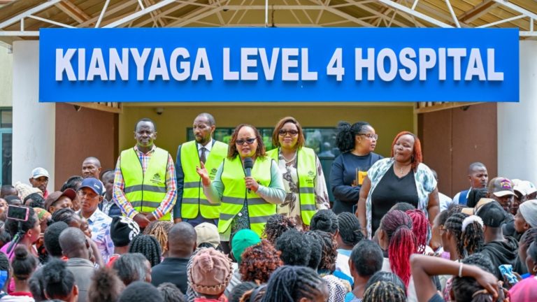 Kirinyaga Governor Anne Waiguru speaking during an inspection tour of the complex in Kianyaga town