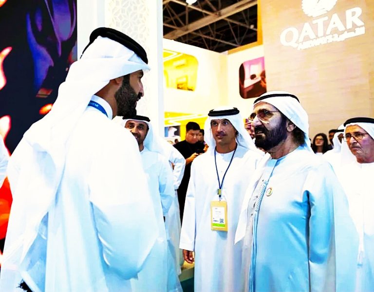 Photo 1 His Highness Sheikh Mohammed bin Rashid Al Maktoum, Vice President and Prime Minister of the UAE and Ruler of Dubai (right), tours Arabian Travel Market at Dubai World Trade Centre.