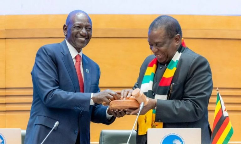 President William Ruto hands over COMESA chairmanship to Zimbabwe’s Emmerson Mnangagwa in Harare, Zimbabwe yesterday