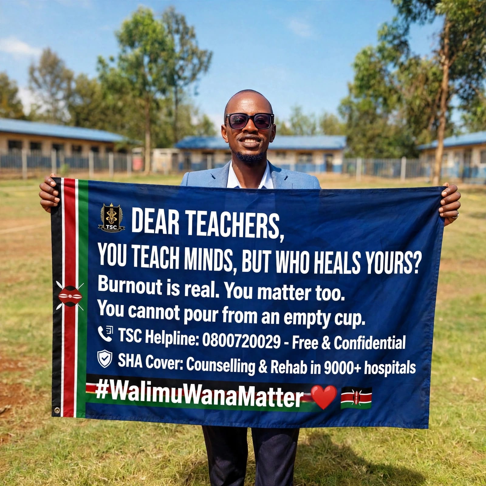 Wanjohi P. Mugambi holds a banner