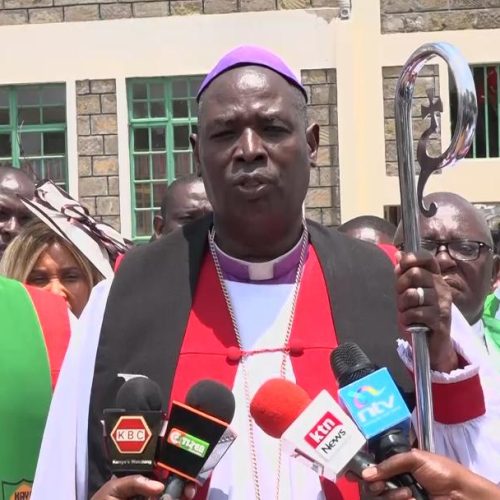 Anglican Church of Kenya (ACK) Archbishop Jackson Ole Sapit  addressing the press in Kisii School  has condemned the political violence and thuggery witnessed in Homa Bay County during the Linda Mwananchi rally over the weekend. Photo/Elizabeth Angira