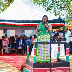 PS Mary Muthoni addressing Mutyambua area residents yesterday. Photos/Courtesy.